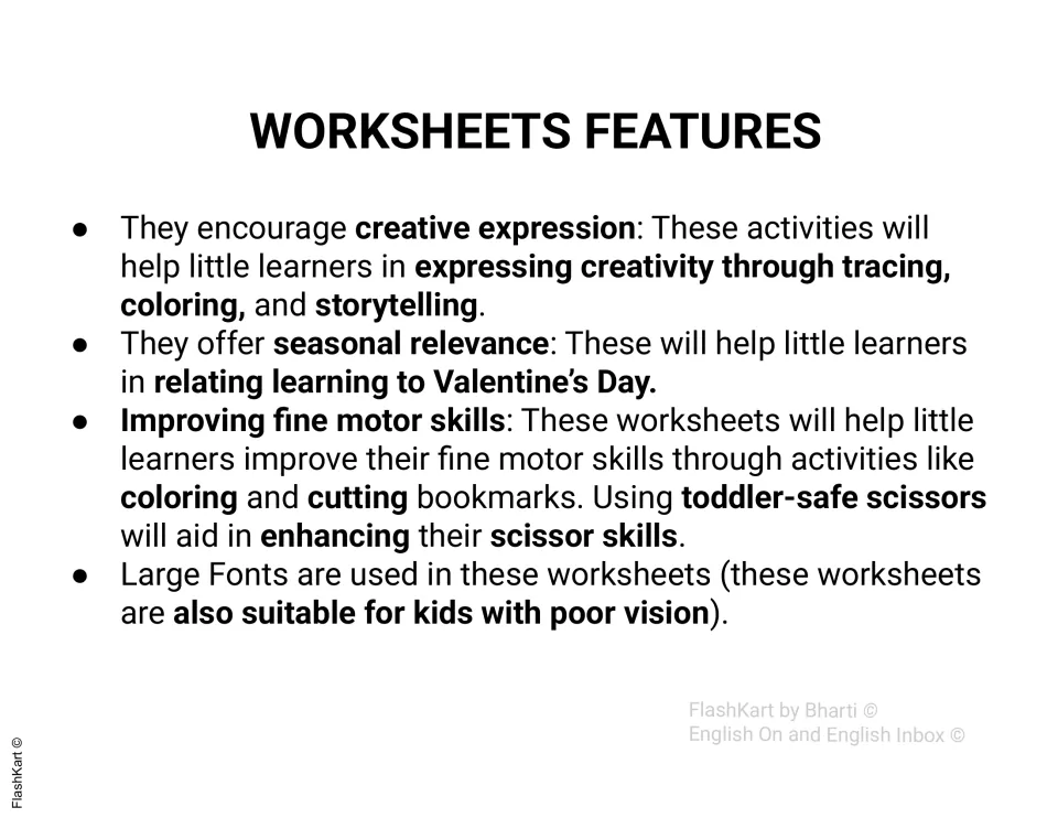 Worksheet features describe tracing, coloring, storytelling, bookmark cutting, and large-font text.