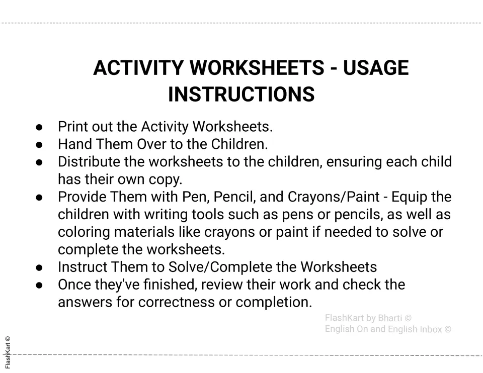 Activity worksheet instructions cover printing, distributing copies, providing supplies, and reviewing work.