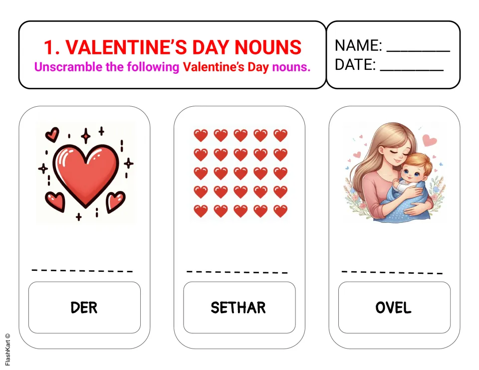 Valentine’s Day unscrambling activity 1 uses picture clues for red, hearts, and love: DER, SETHAR, OVEL.