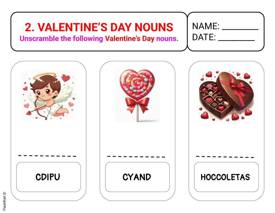 Valentine’s Day unscrambling activity 2 pairs Cupid, candy, and chocolates pictures with scrambled words.