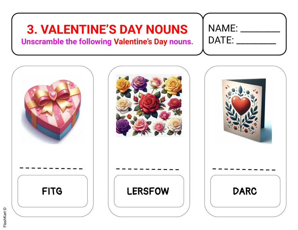 Valentine’s Day unscrambling activity 3 uses gift, flowers, and card picture clues: FITG, LERSFOW, DARC.