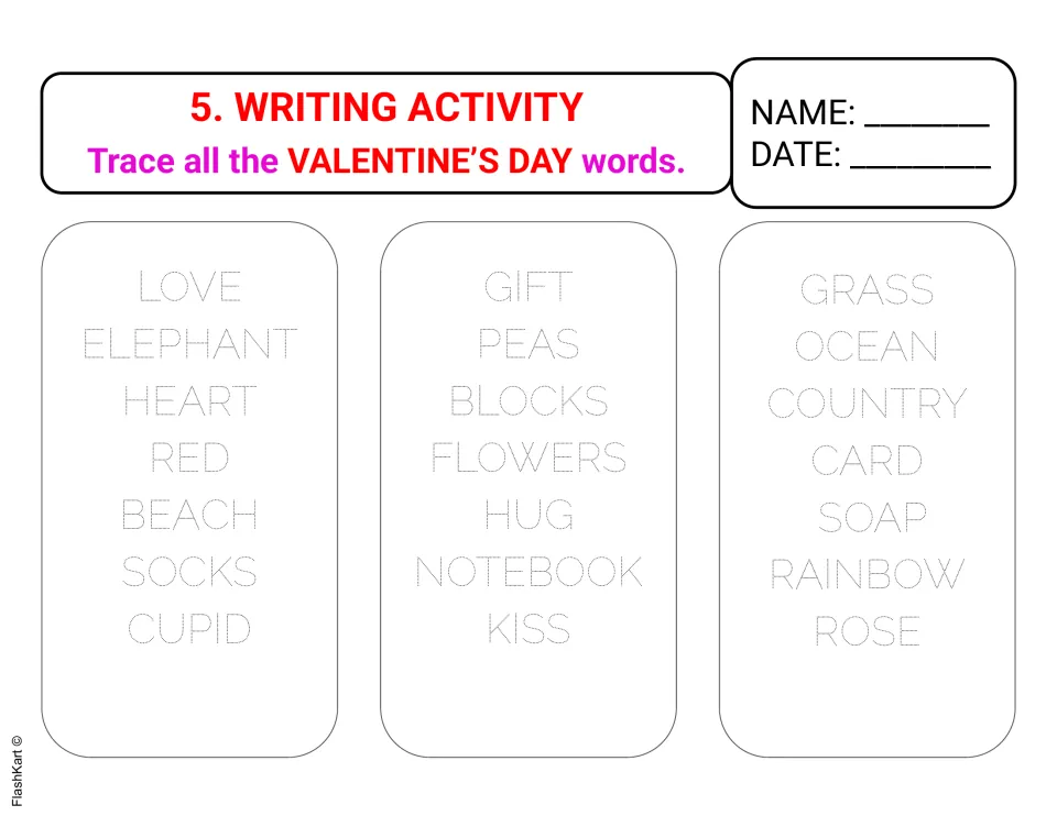 Writing activity 5 asks students to trace Valentine’s Day words, including love, heart, red, and Cupid.
