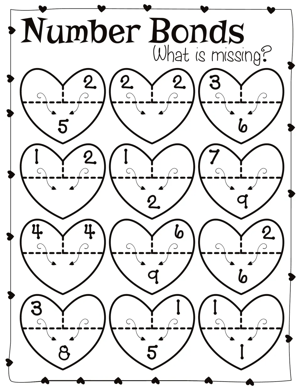 Number Bonds: What is missing? 12 heart number bonds to fill in, such as 2 + ? = 5, 2 + 2 = ?, 7 + ? = 9