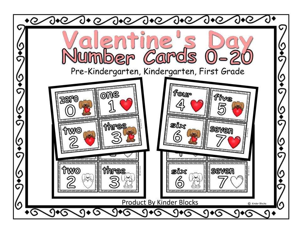 Valentine's Day Number Cards 0–20 cover showing color and black-and-white samples for Pre-K through grade 1