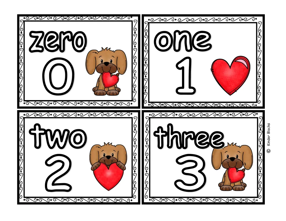 Color number cards for 0, 1, 2, and 3, paired with the words zero, one, two, and three in the Valentine set