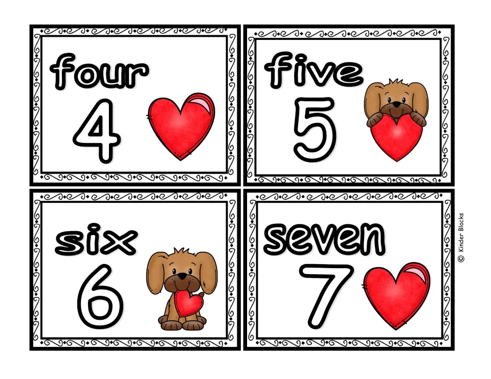 Color number cards for 4, 5, 6, and 7, paired with the words four, five, six, and seven in the Valentine set