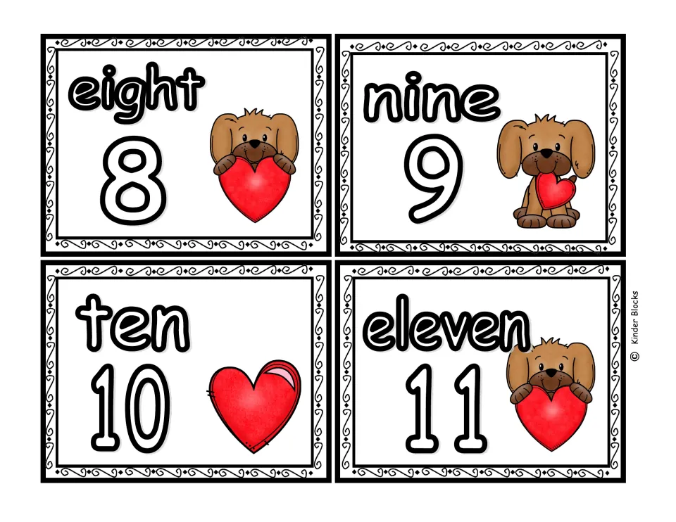 Color number cards for 8, 9, 10, and 11, paired with the words eight, nine, ten, and eleven in the Valentine set
