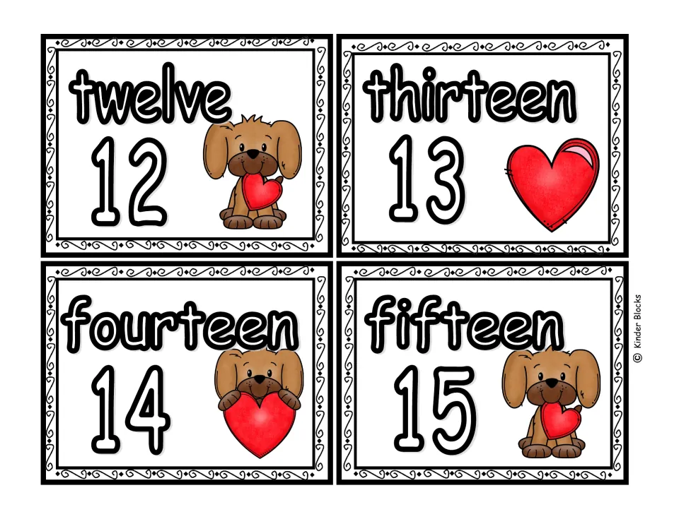Color number cards for 12, 13, 14, and 15, paired with the number words twelve, thirteen, fourteen, and fifteen