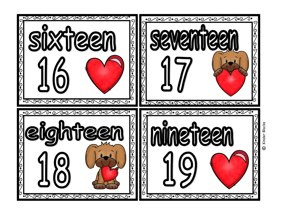 Color number cards for 16, 17, 18, and 19, paired with the number words sixteen, seventeen, eighteen, and nineteen