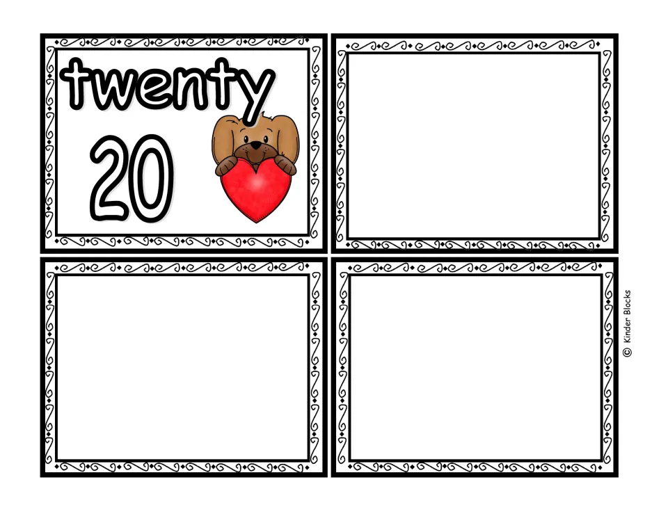 Final color number card showing 20 and the word twenty, accompanied by three blank cards in the Valentine set