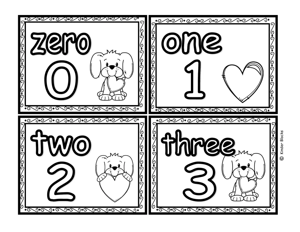 Black-and-white number cards for 0, 1, 2, and 3, paired with the number words zero, one, two, and three