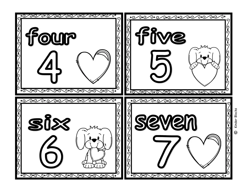 Black-and-white number cards for 4, 5, 6, and 7, paired with the number words four, five, six, and seven