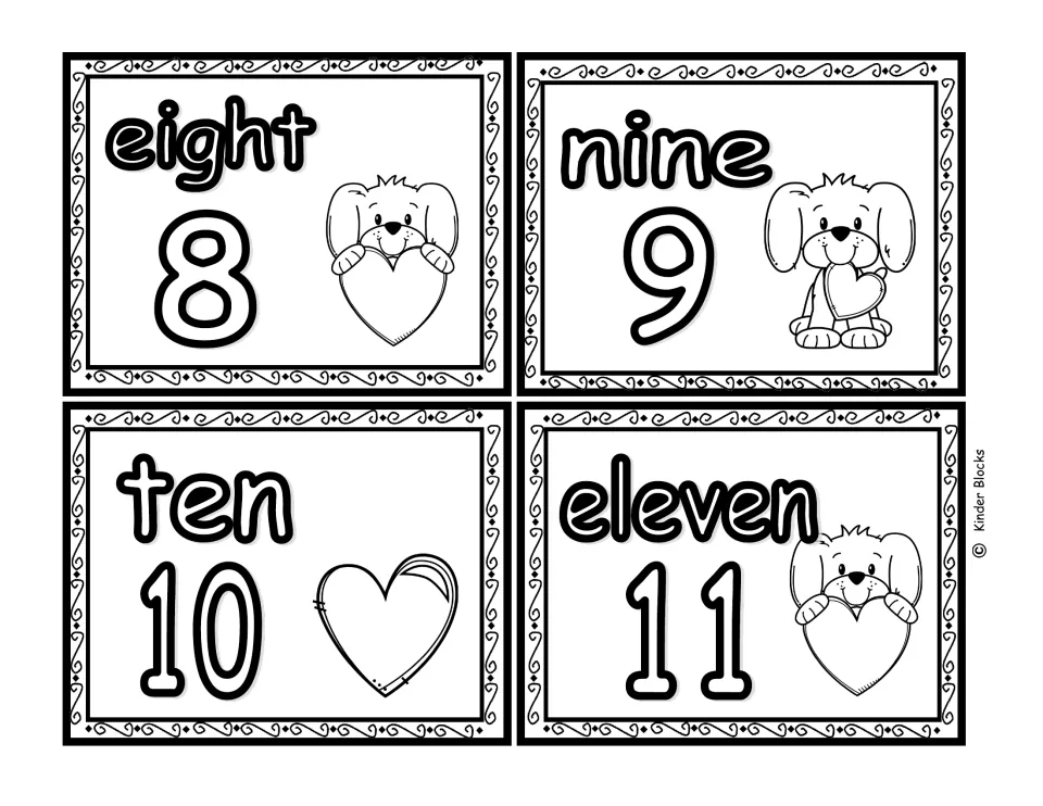 Black-and-white number cards for 8, 9, 10, and 11, paired with the number words eight, nine, ten, and eleven