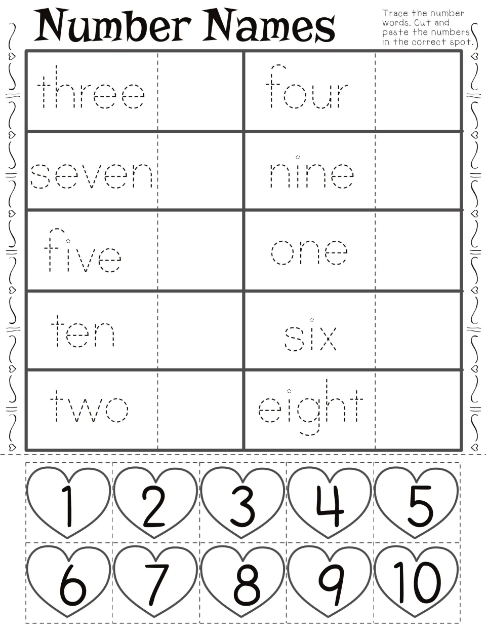 Number Names: students trace number words one to ten, then cut out heart numerals 1-10 and paste each by its word