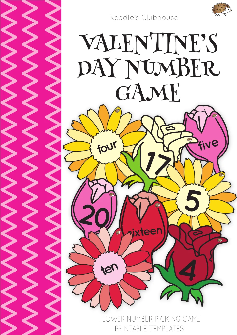 Valentine's Day Number Game cover: flower number picking game templates with daisies, roses and tulips showing 4, five, 17