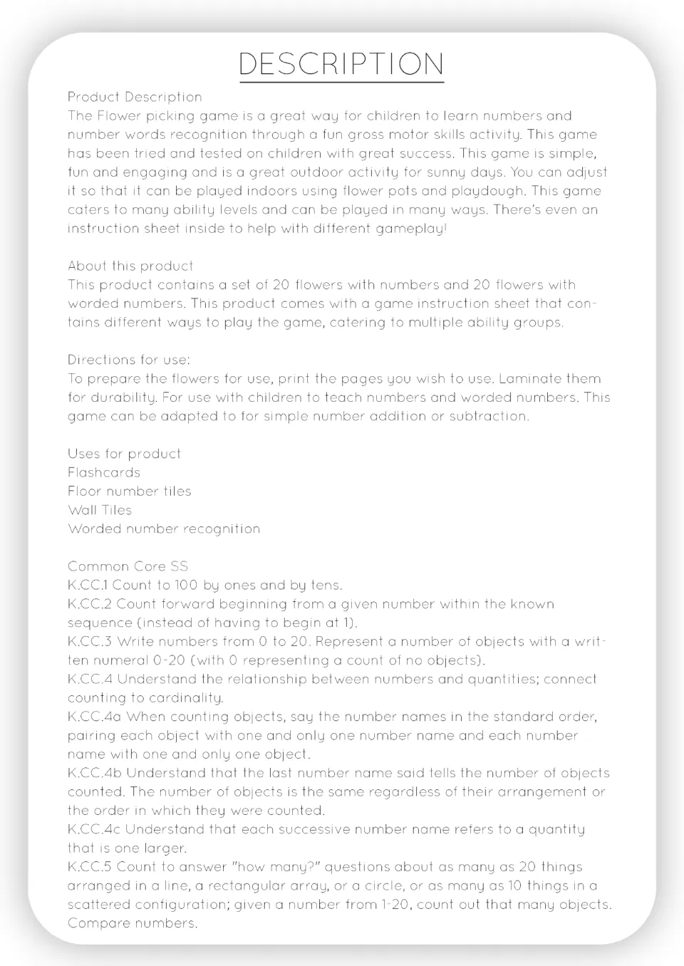 Product description of the flower picking game: 20 numeral and 20 number-word flowers, prep directions and suggested uses