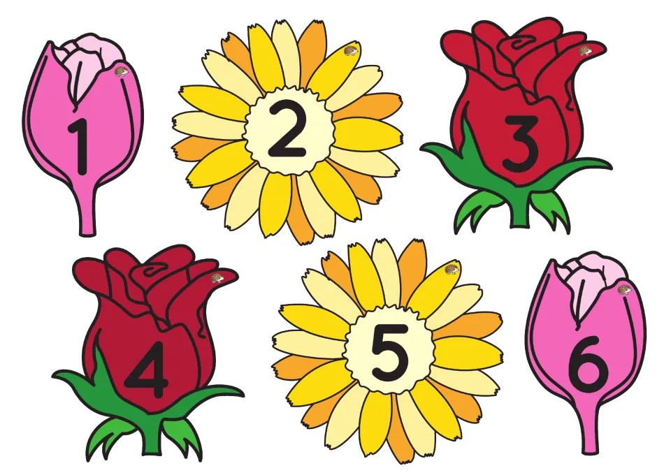 Numeral flower cards 1 to 6 on tulips, daisies and roses for children to find and pick during number recognition games