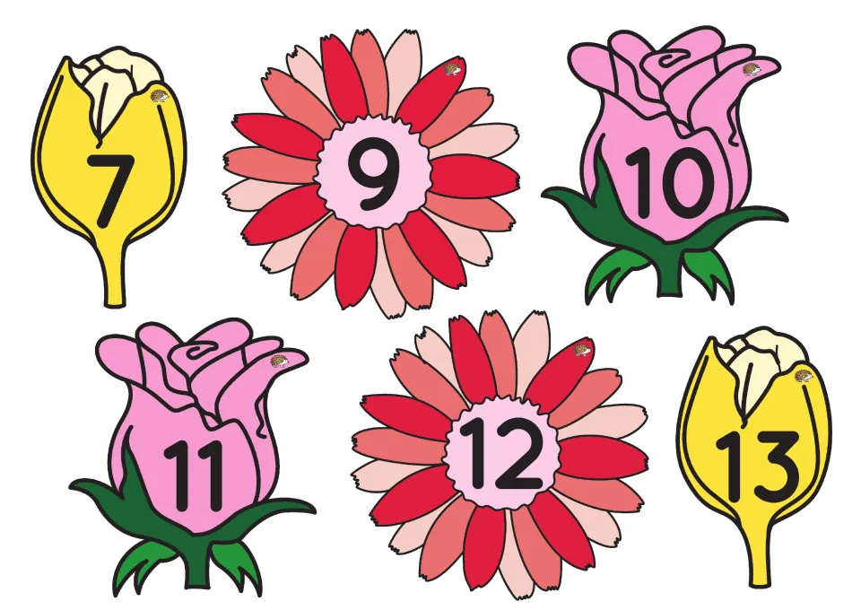 Numeral flower cards 7, 9, 10, 11, 12 and 13 on yellow tulips, red daisies and pink roses for number picking games
