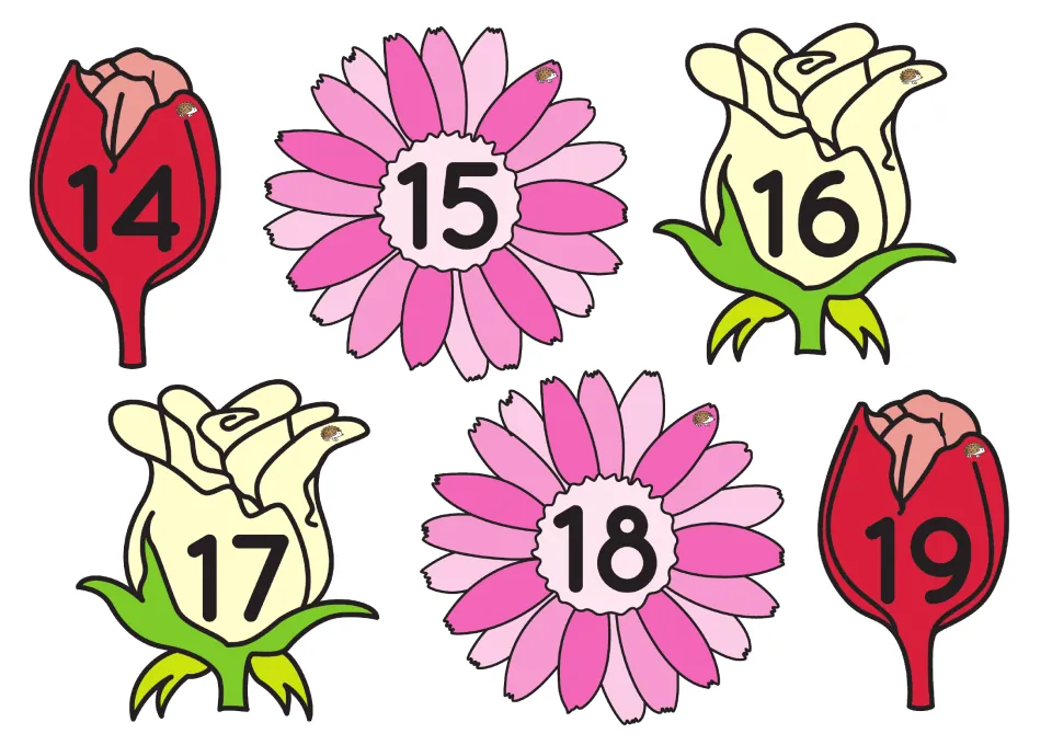 Numeral flower cards 14 to 19 on red tulips, pink daisies and cream roses for practising teen number recognition