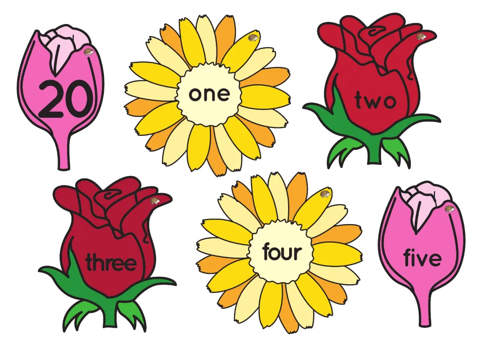 Flower card for 20 plus number-word flowers one to five, used for matching numerals to written number words
