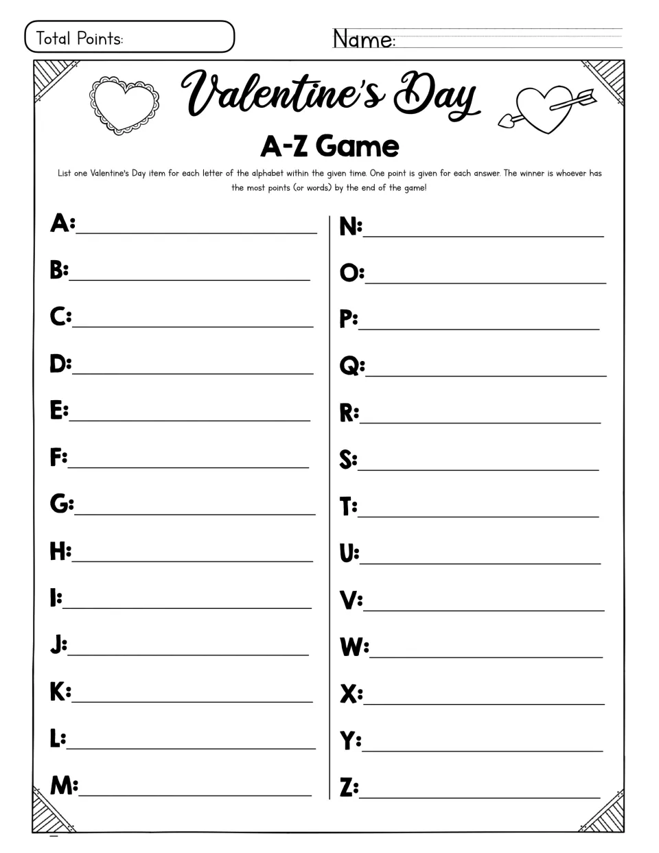 Valentine's Day A-Z Game asks players to name one holiday item for each letter, earning one point per answer
