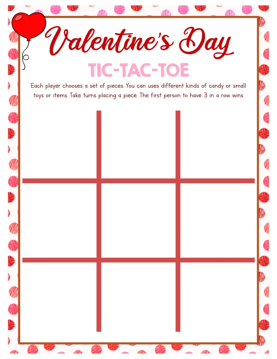 Valentine's Day tic-tac-toe game uses candy, small toys or other items as pieces; the first three in a row wins