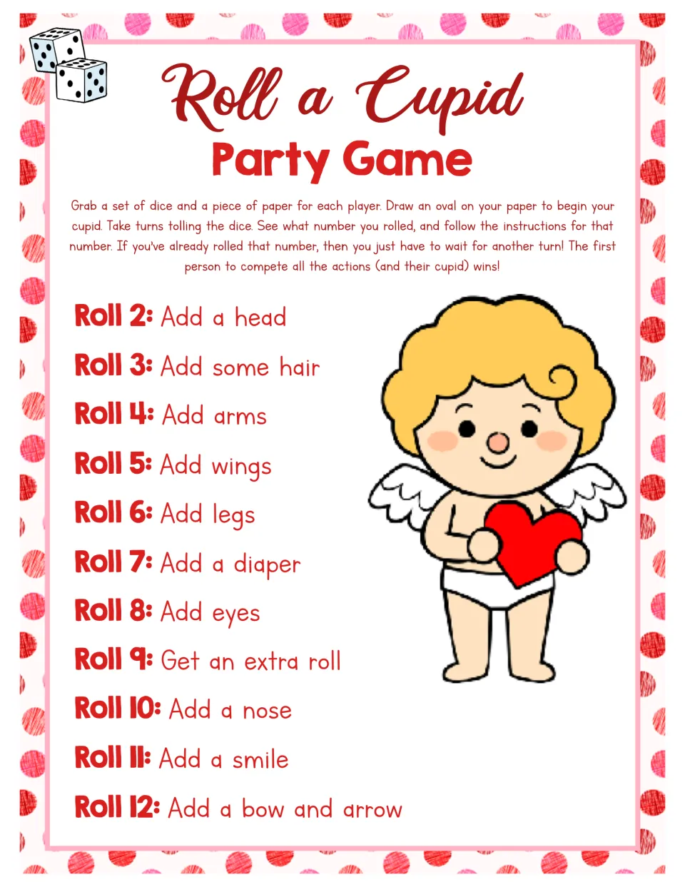 Roll a Cupid party game assigns drawing actions to dice totals 2–12, with an extra roll for a total of 9