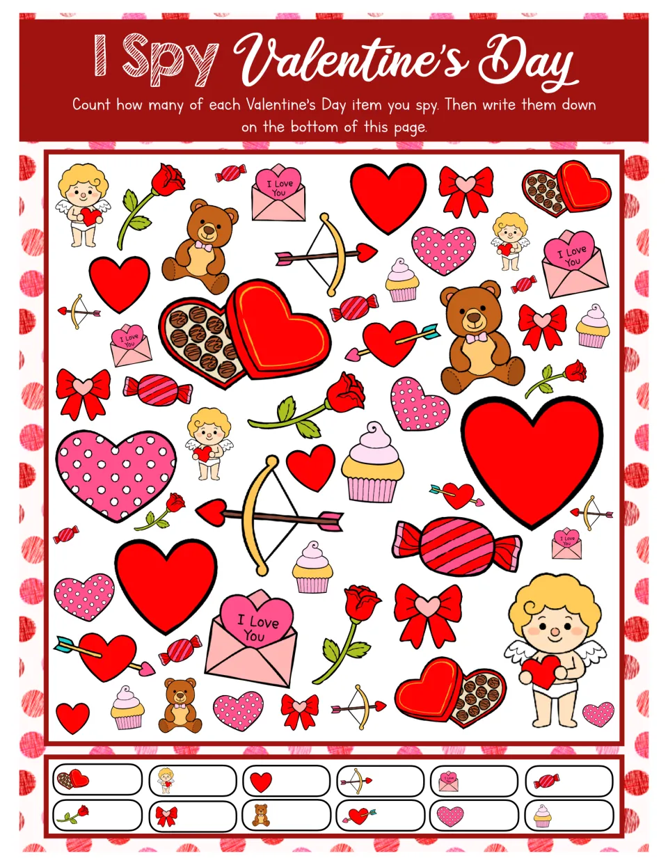 I Spy Valentine's Day counting game asks players to find and record totals for 12 types of holiday pictures