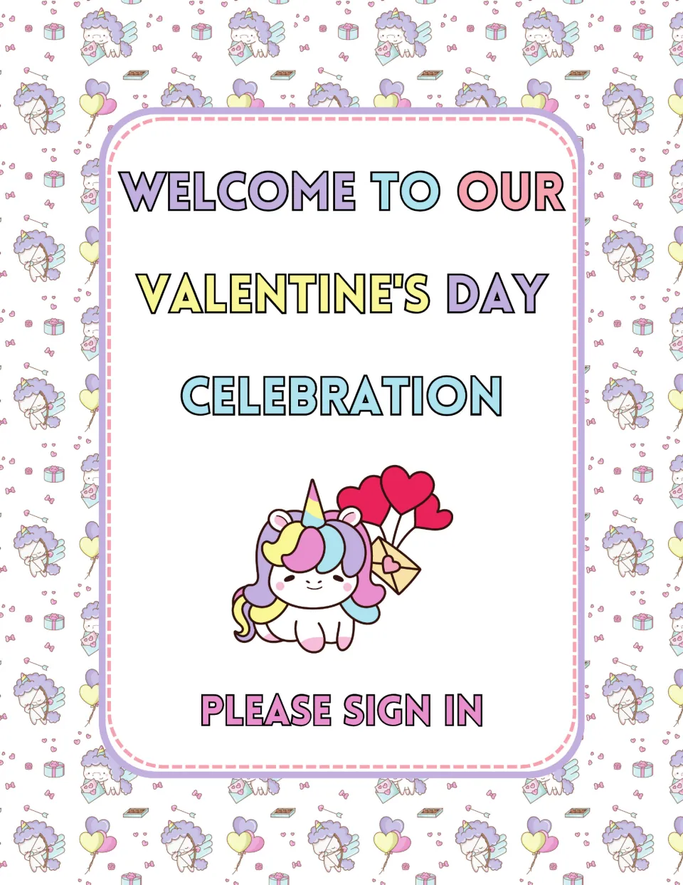Valentine's Day celebration welcome sign reading Please Sign In, with a unicorn holding heart balloons and a love letter