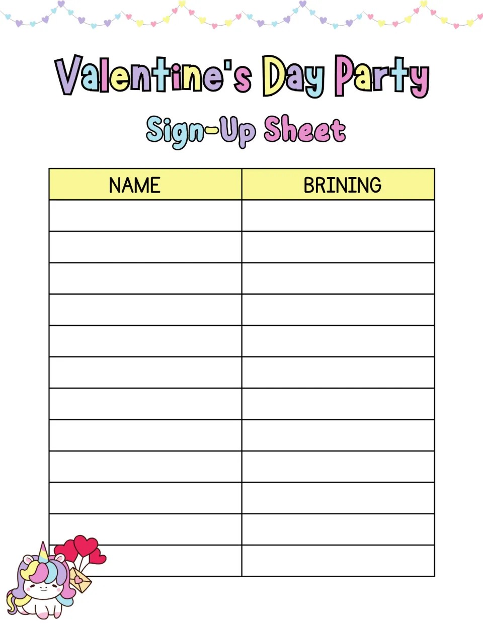 Valentine's Day Party sign-up sheet, unicorn version: room for 12 families to write their name and what they are bringing