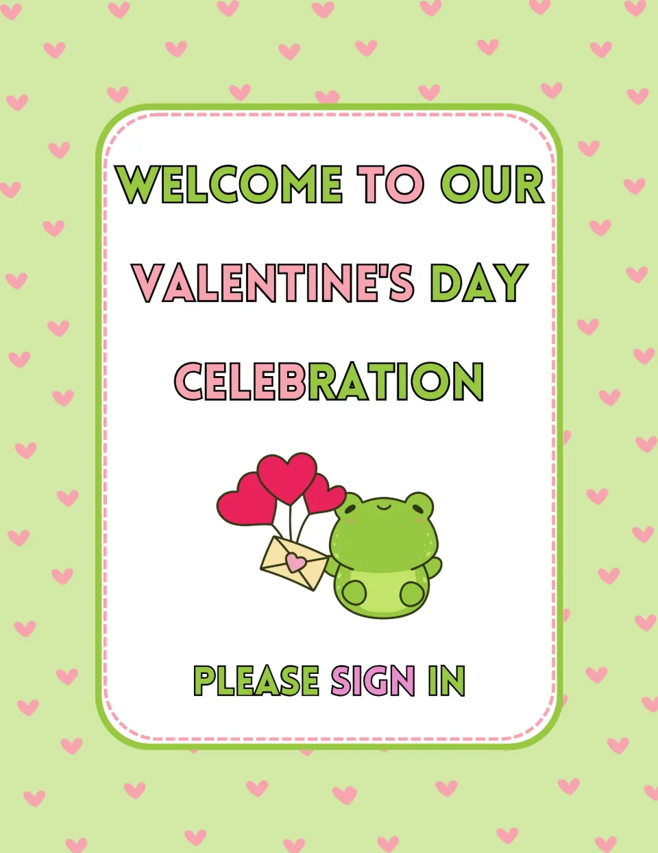 Frog-themed welcome sign for a Valentine's Day celebration asking guests to Please Sign In, frog holding heart balloons