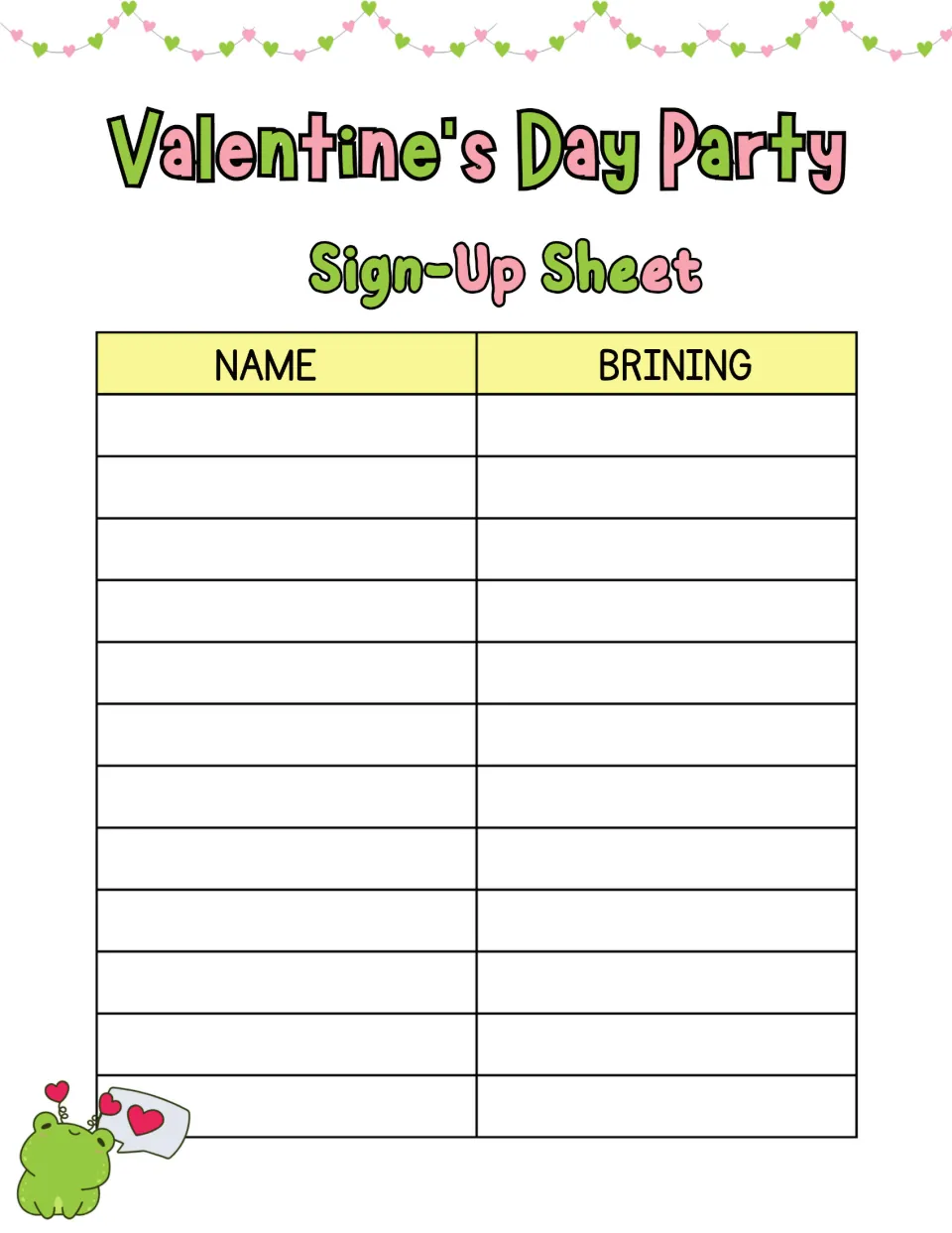 Frog version of the Valentine's Day Party sign-up sheet with 12 spots for each volunteer's name and the item they will bring