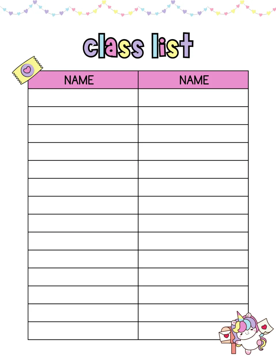 Unicorn-themed Valentine class list with space for 28 student names under two Name headings for tracking the whole class