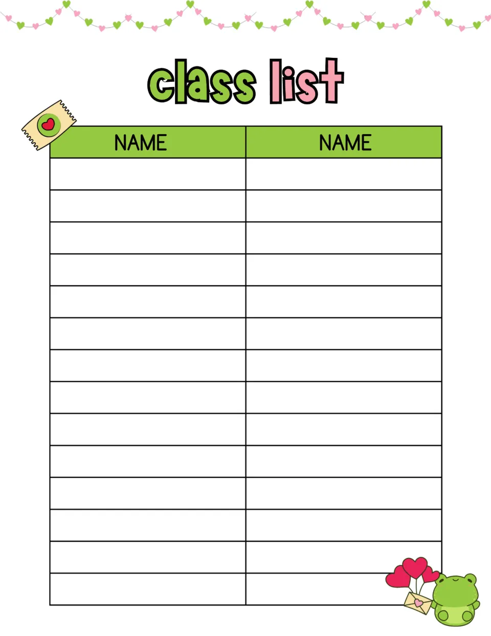 Frog-themed class list for Valentine's Day with two green Name headings and room to write up to 28 student names