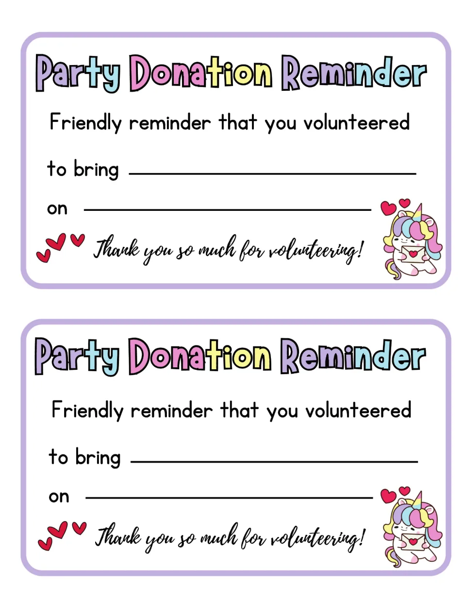 Two unicorn Party Donation Reminder notes with blanks for what a family volunteered to bring and the date, plus a thank-you