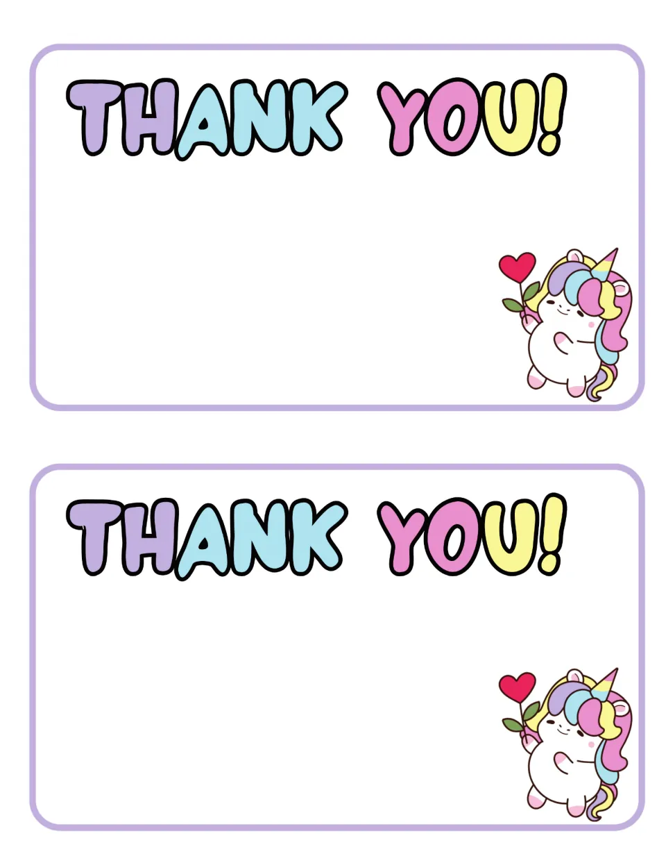 Two blank Thank You! notes decorated with a unicorn holding a heart flower, with open space for a handwritten message