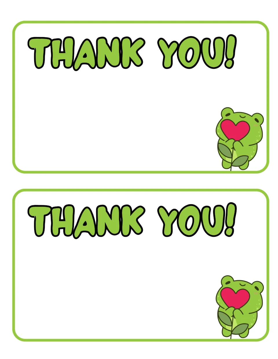 Two green Thank You! notes, each with a frog hugging a heart flower and blank space for a personal message to a volunteer