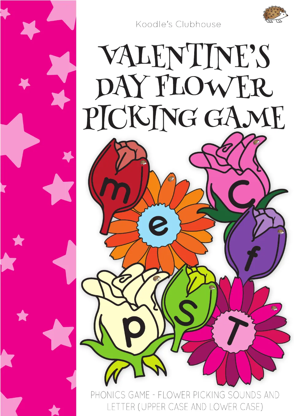 Cover of the Valentine's Day Phonics Game, featuring letter flowers for uppercase, lowercase, and sound practice