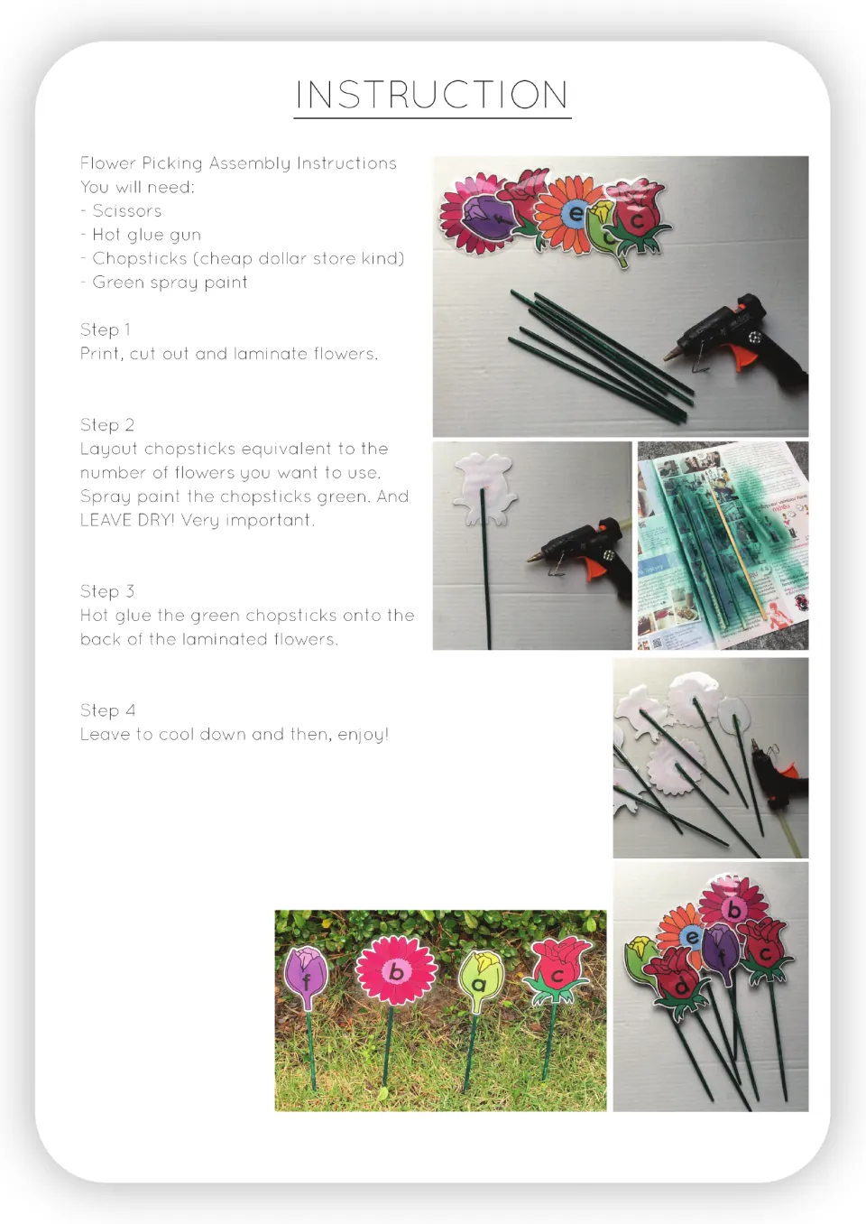 Flower-picking game assembly: print, cut, laminate, paint chopsticks green, and hot glue them to the flowers