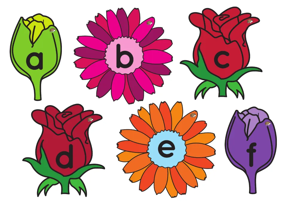 Lowercase letter flowers a, b, c, d, e, and f to cut out for letter and sound recognition in the picking game
