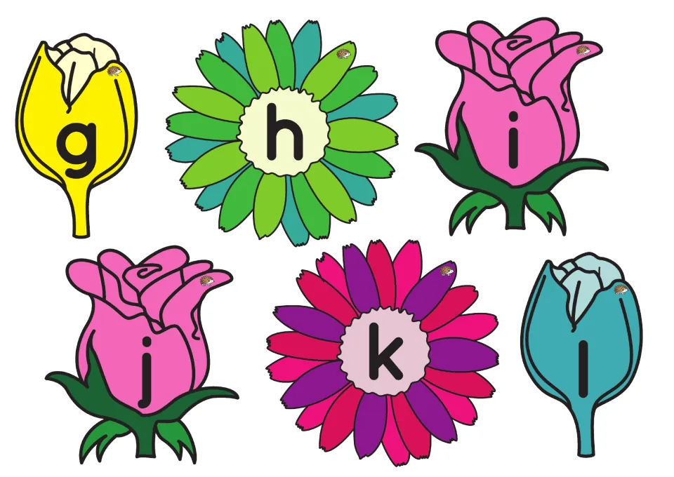 Lowercase letter flowers g, h, i, j, k, and l to cut out for letter and sound recognition in the picking game