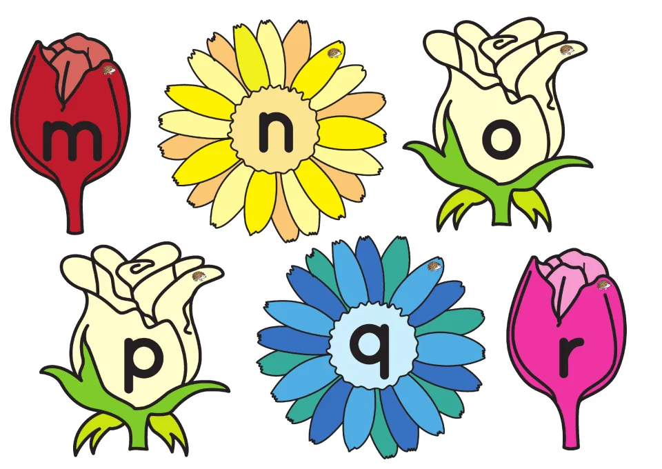 Lowercase letter flowers m, n, o, p, q, and r to cut out for letter and sound recognition in the picking game