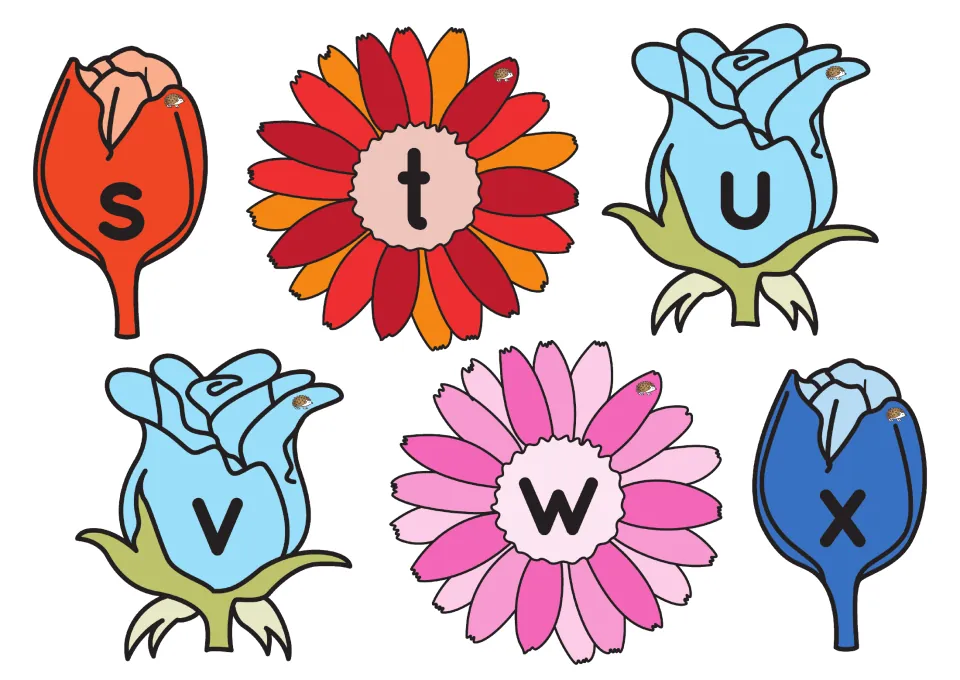 Lowercase letter flowers s, t, u, v, w, and x to cut out for letter and sound recognition in the picking game