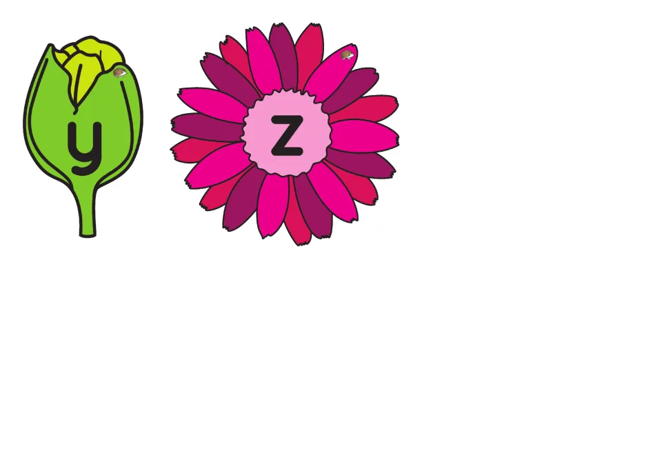 Lowercase letter flowers y and z to cut out for the picking game, completing the 26-letter lowercase set