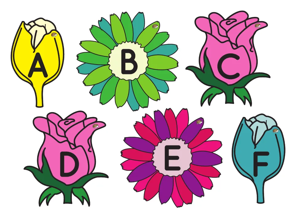 Uppercase letter flowers A, B, C, D, E, and F to cut out for letter and sound recognition in the picking game