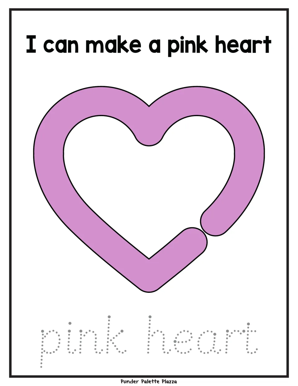 Playdough activity mat with a pink heart, the sentence 'I can make a pink heart' and 'pink heart' to trace.