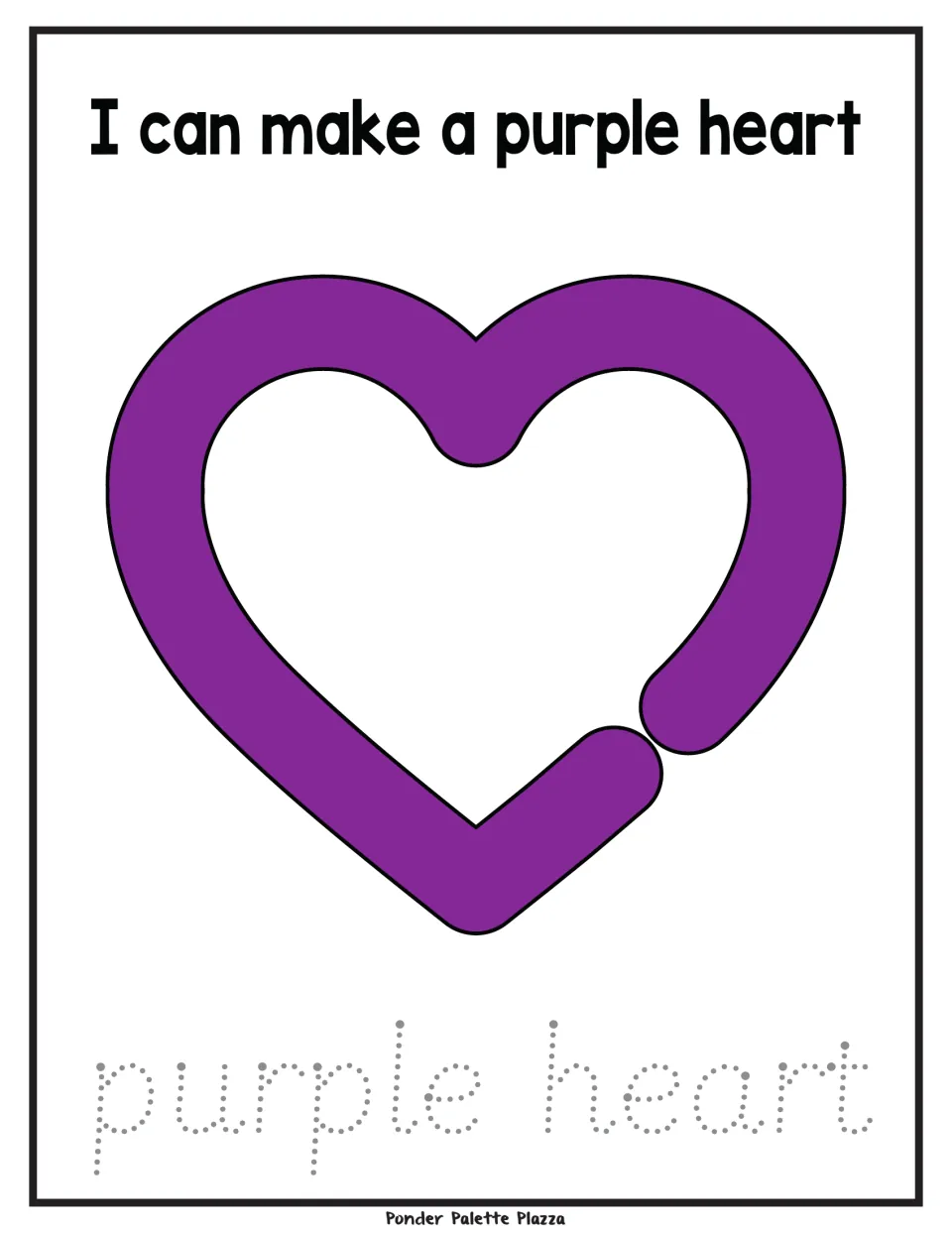 Playdough activity mat with a purple heart, the sentence 'I can make a purple heart' and 'purple heart' to trace.
