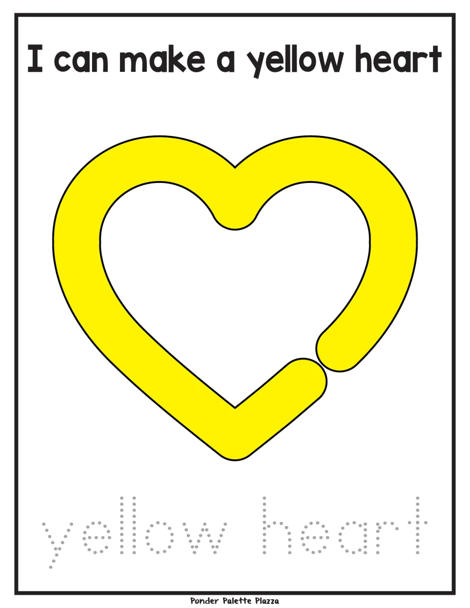 Playdough activity mat with a yellow heart, the sentence 'I can make a yellow heart' and 'yellow heart' to trace.