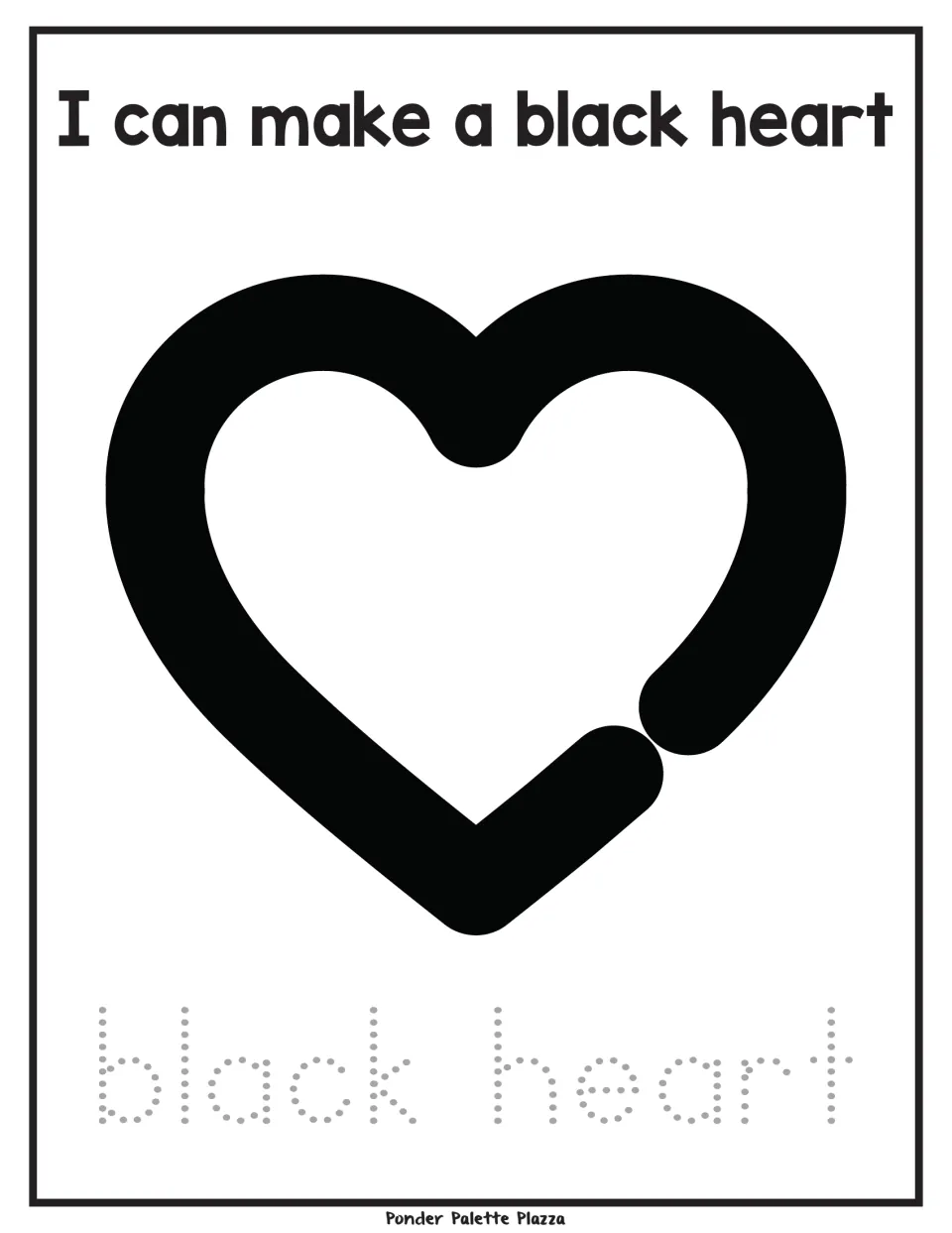 Playdough activity mat with a black heart, the sentence 'I can make a black heart' and 'black heart' to trace.