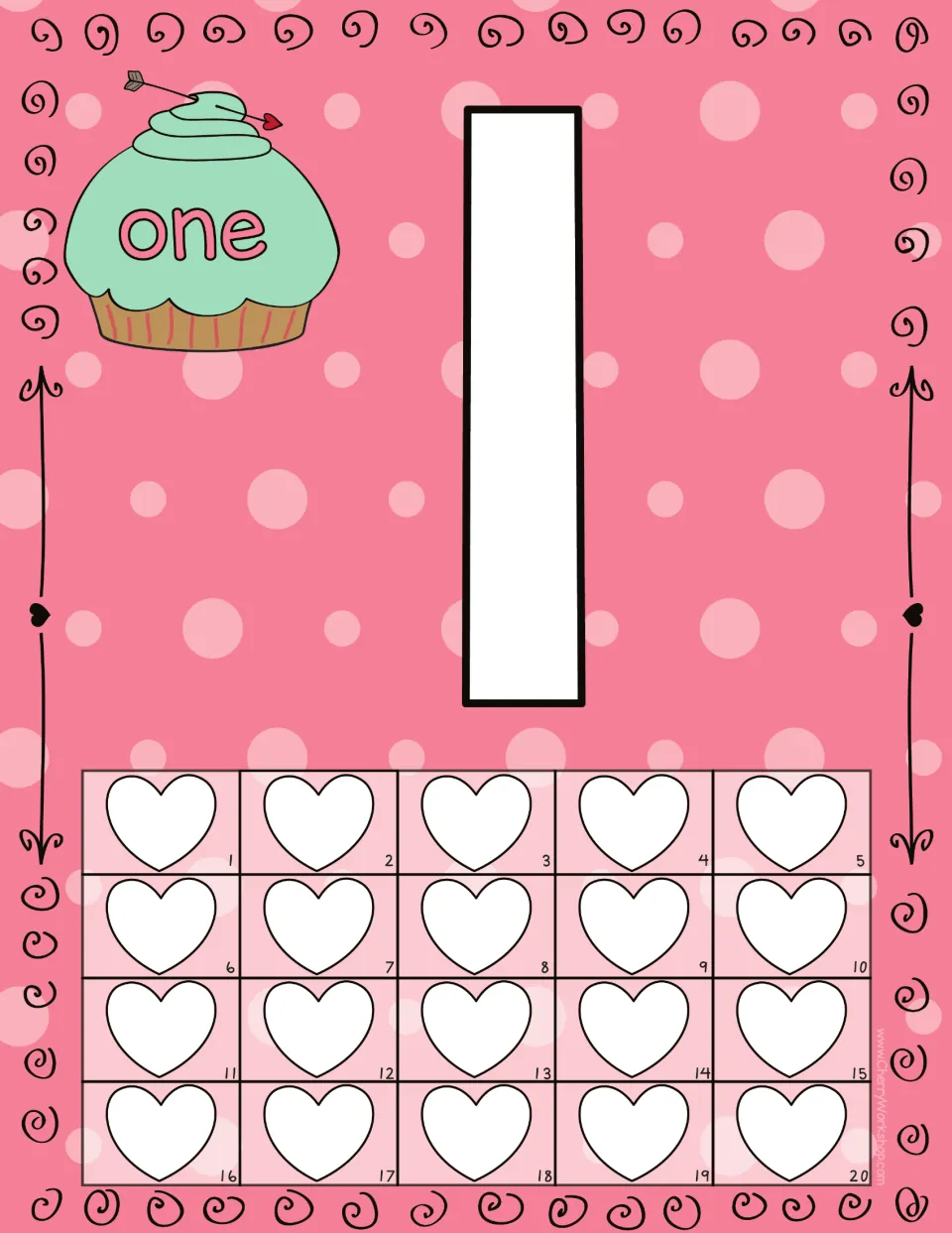 Playdough counting mat for 1: numeral 1, the word 'one,' and 20 numbered hearts for counting practice.